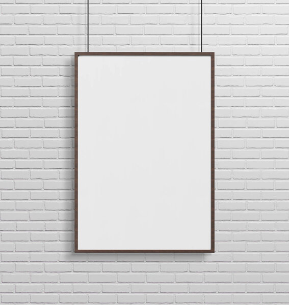 Wooden frame hanging in front of a wall mockup 3d rendering