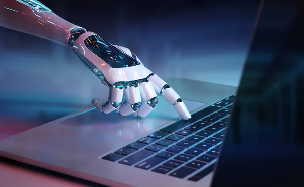 Robotic Cyborg Hand Drukken Van Een Toetsenbord Een Laptop Rendering — Stockfoto