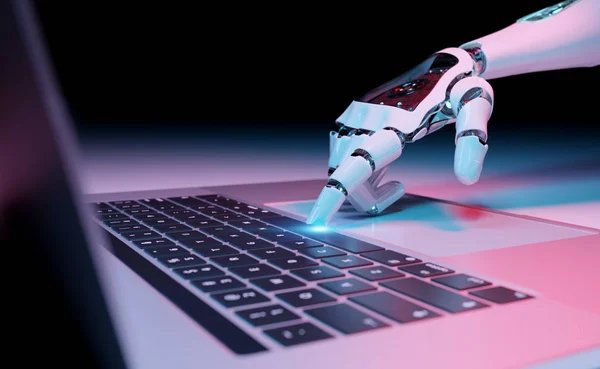 Robotisk Kyborg Hånd Som Presser Tastatur Bærbar Gjengivelse – stockfoto