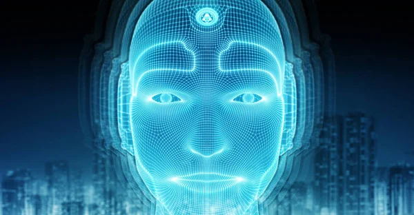 Yapay zeka kavramı 3B oluşturmayı temsil eden robot adam cyborg yüz
