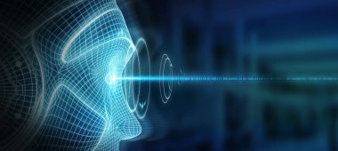 Yapay zeka kavramı 3B oluşturmayı temsil eden robot kadın cyborg yüz