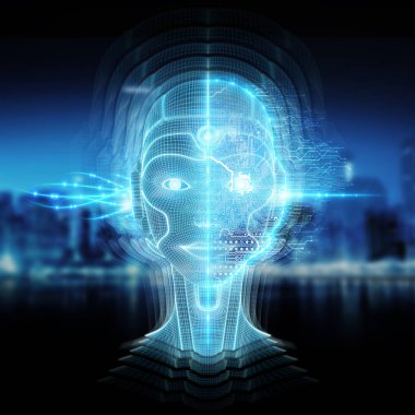 Robotik kadın sayborg kafalı akıllı makine 3 boyutlu görüntüleme