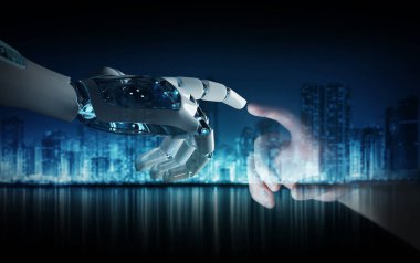 Robot el temas koyu arka plan 3d render üzerinde insan eli ile