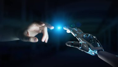 Robot el temas koyu arka plan 3d render üzerinde insan eli ile