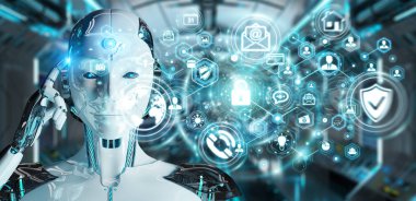 Siber güvenlik veri arabirimi 3d rendering kullanarak arka plan bulanık beyaz kadın robot