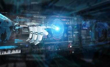 Onun elleri 3d rendering ile Dijital ekranlar arabirimi kullanarak akıllı robot Makina