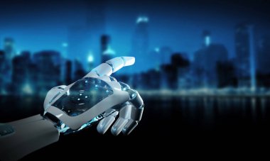 Akıllı robot makine işaret parmağı koyu arka planda 3d render