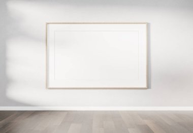 Ahşap çerçeve beyaz bir duvarda mockup 3d render
