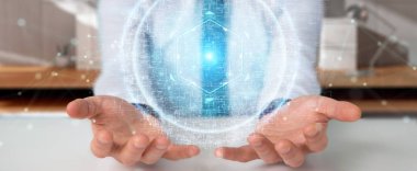 İşadamı dijital küre bağlantısı hologram 3B oluşturmayı kullanarak arka plan bulanık üzerinde