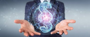 İşadamı 3d işleme dijital paragraf hukuk simgesini kullanarak arka plan bulanık üzerinde