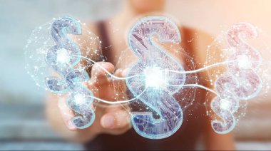 İşkadını 3d işleme dijital paragraf hukuk simgesini kullanarak arka plan bulanık üzerinde