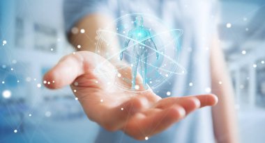 İşadamı dijital röntgen insan vücudu tarama arabirimi 3d rendering kullanarak arka plan bulanık üzerinde