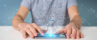 Onun veri ince çizgi güvenlik arabirim üstünde onun hareket eden telefon ile koruma işadamı