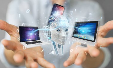 İşkadını üzerinde beyaz insanımsı modern cihazlarla 3d render kontrol kullanarak arka plan bulanık