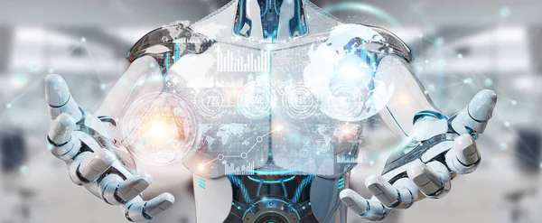 Λευκό Αρσενικό Cyborg Θολή Φόντο Χρησιμοποιώντας Ψηφιακή Datas Διασύνδεση Rendering — Φωτογραφία Αρχείου