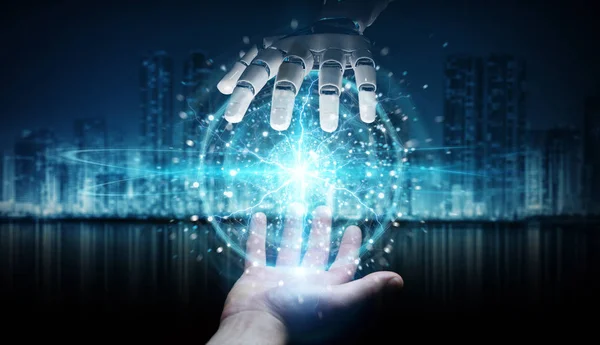 Roboterhand Und Menschliche Hand Berühren Digitales Sphärennetzwerk Auf Dunklem Hintergrund — Stockfoto
