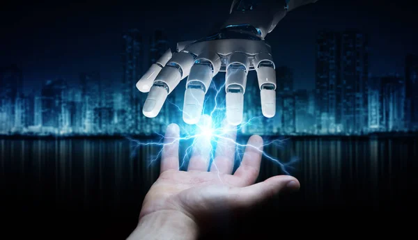 Robot Mână Crearea Electricitate Mâna Umană Fundal Întunecat Randare — Fotografie, imagine de stoc