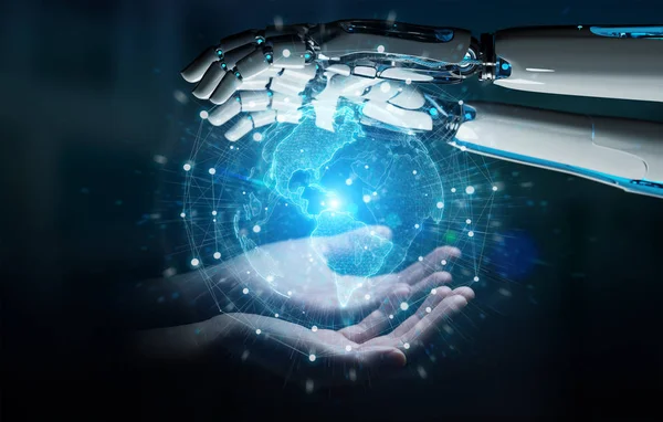 Reka Robota Ludzką Ręką Dotykając Cyfrowy Świat Ciemnym Tle Renderowania — Zdjęcie stockowe