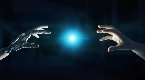 Робот Вручную Устанавливает Контакт Человеческой Рукой Темном Фоне Рендеринга — стоковое фото
