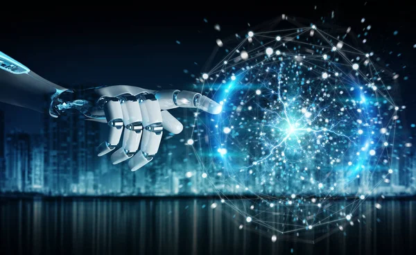 Humanoid Inteligentny Robot Pomocą Globalnej Sieci Cyfrowej Jego Rąk Renderowania — Zdjęcie stockowe