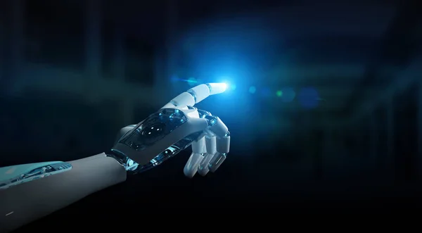 Intelligent robot machine pointing finger on dark background 3D rendering