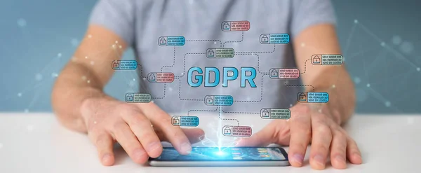 จปกป องข ลของเขาด วยอ นเตอร เฟซกฎหมาย Gdpr บนโทรศ อของเขา — ภาพถ่ายสต็อก