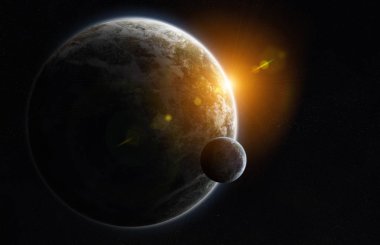 Distant planet system in space with exoplanets during sunrise 3D rendering elements of this image furnished by NASA clipart