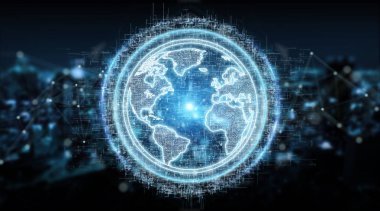 Ağ hologram Amerika ABD harita üzerinde mavi şehir arka plan 3d render ile Küre