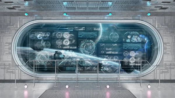 Weißes Raumschiff Interieur Weltraum Mit Bedienfeld Digitale Bildschirme Rendering — Stockfoto