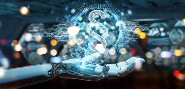 Beyaz robot el kanun paragraf dijital hologram 3B oluşturmayı kullanarak arka plan bulanık üzerinde