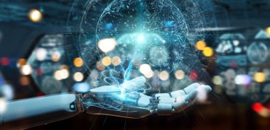 Beyaz cyborg el planet Earth arabirimi 3d rendering kullanarak arka plan bulanık üzerinde