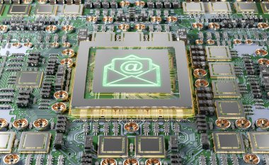 E- posta simgesi 3 boyutlu modern GPU kart çevriminin yakın görüntüsü
