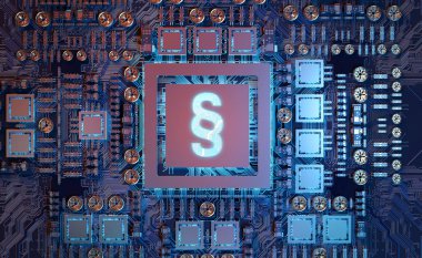 Siber Hukuk paragraf sembolü kavramı üzerinde renkli bir Gpu 3d render