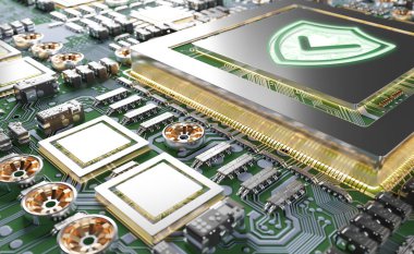 Siber güvenlik etkinleştirilmiş 3D görüntülü modern bir GPU kart devresi