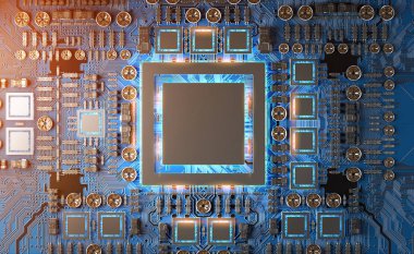 Devre, renkli ışıklar ve 3D görüntüleme ile modern bir GPU kartının yakın görüntüsü