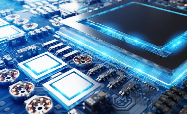 Devre, renkli ışıklar ve 3D görüntüleme ile modern bir GPU kartının yakın görüntüsü
