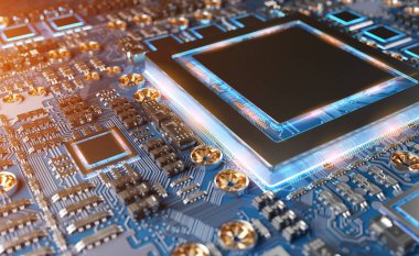 Devre, renkli ışıklar ve 3D görüntüleme ile modern bir GPU kartının yakın görüntüsü