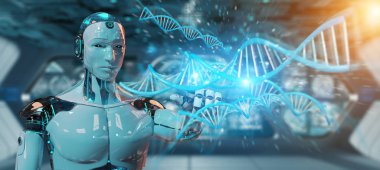 İnsan DNA'sı 3d render tarama bulanık arka plan üzerinde beyaz erkek cyborg