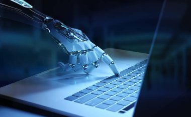 Klavyeye basan Cyborg eli koyu mavi arka planda 3D bir dizüstü bilgisayarda.