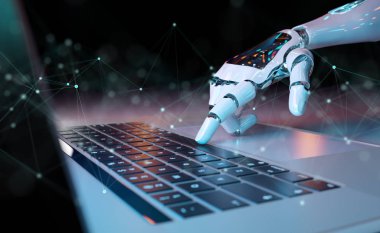 3D dizüstü bilgisayarda klavyeye basan robot el.