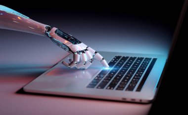 3D dizüstü bilgisayarda klavyeye basan robot el.