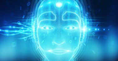 Yapay zeka kavramı 3B oluşturmayı temsil eden robot adam cyborg yüz