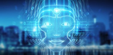 Yapay zeka kavramı 3B oluşturmayı temsil eden robot kadın cyborg yüz