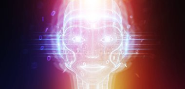Yapay zeka kavramı 3B oluşturmayı temsil eden robot kadın cyborg yüz