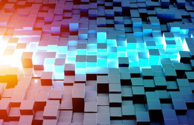 Parlak mavi ve turuncu soyut kareler arkaplan deseni 3D görüntüleme