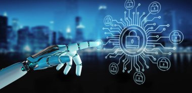 Kesmek ve özel siber veriler erişme bulanık arka plan üzerinde beyaz robot