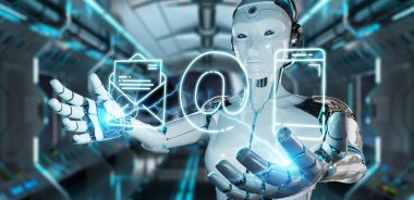 İnce çizgi iletişim simgesini kullanarak arka plan bulanık üzerinde beyaz cyborg