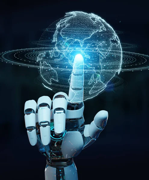 White Robot Hand Blurred Background Using Globe Network Hologram America — Stock Photo, Image