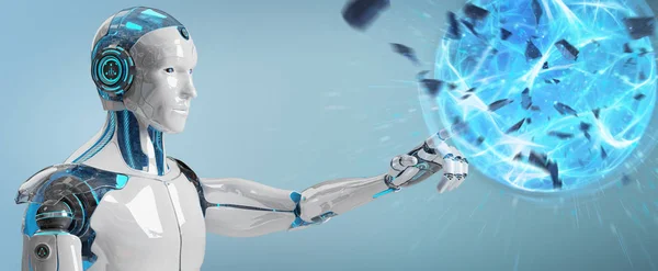 White man robot on blurred background creating energy ball 3D rendering