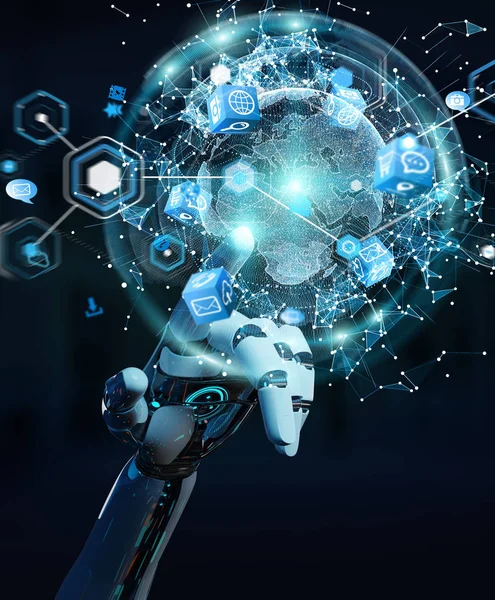 White robot hand on blurred background using digital screen interface 3D rendering